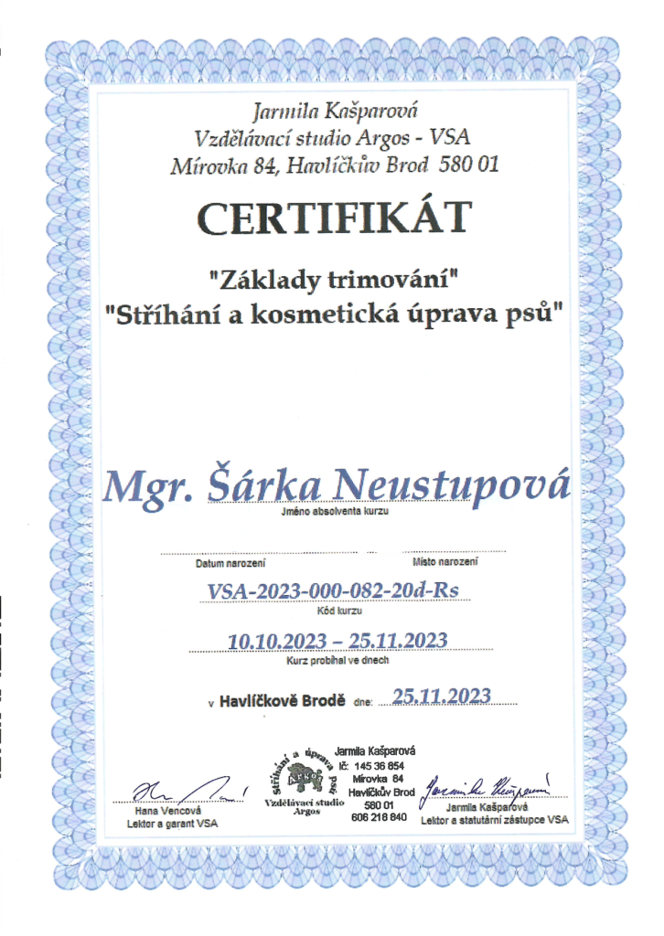 Certifikát trimování, stříhání a kosmetická úprava psů